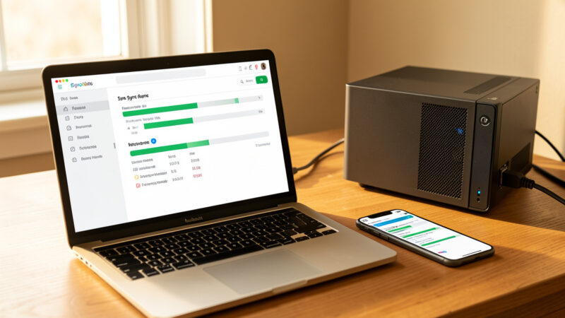 Laptop and smartphone showing file sync progress bars with a NAS and ethernet cable on a wooden desk