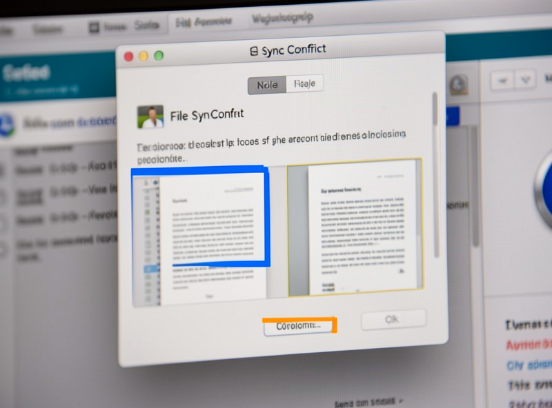 Computer screen showing a file sync conflict dialog with two versions of a document highlighted