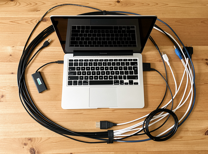 Overhead view of a desk with a laptop, a small external SSD, and neatly arranged network cables for a home server setup
