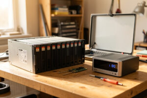 Row of hard drives and an open NAS enclosure on a workbench beside a mini PC NVR