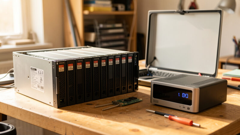 Row of hard drives and an open NAS enclosure on a workbench beside a mini PC NVR