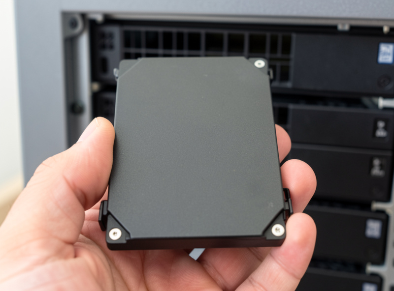 Surveillance-grade 3.5 inch hard drive held in hand with a NAS bay behind it