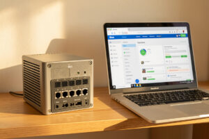 Fanless firewall appliance on a shelf beside a laptop showing the firewall web dashboard