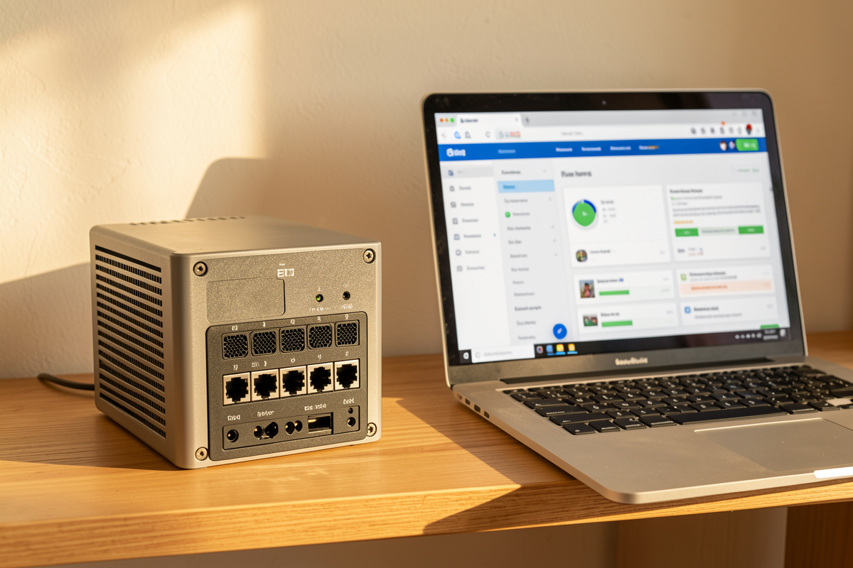 Fanless multi-port firewall appliance on a shelf next to a laptop showing a firewall web dashboard