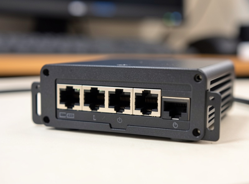 Macro shot of a small fanless firewall appliance's row of ethernet ports and heatsink