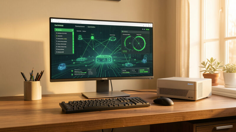 OPNsense firewall dashboard showing two gateways beside a fanless firewall appliance