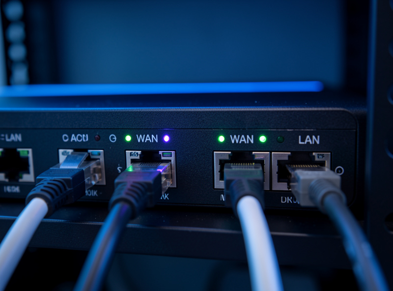 Fanless multi-NIC firewall appliance with two WAN cables and one LAN cable, link LEDs lit