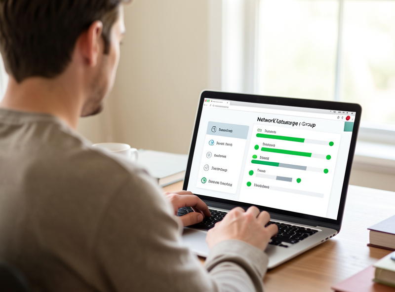 Person configuring a network gateway group on a laptop with tier labels and green status indicators