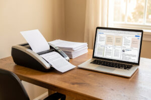 Home office desk with a document scanner feeding a page, a stack of paper, and a laptop showing an organized archive