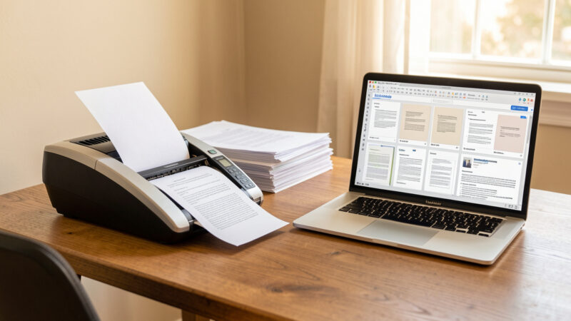 Home office desk with a document scanner feeding a page, a stack of paper, and a laptop showing an organized archive