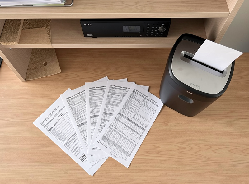 Scanned tax documents fanned out on a desk next to a paper shredder, with a NAS unit on a shelf behind
