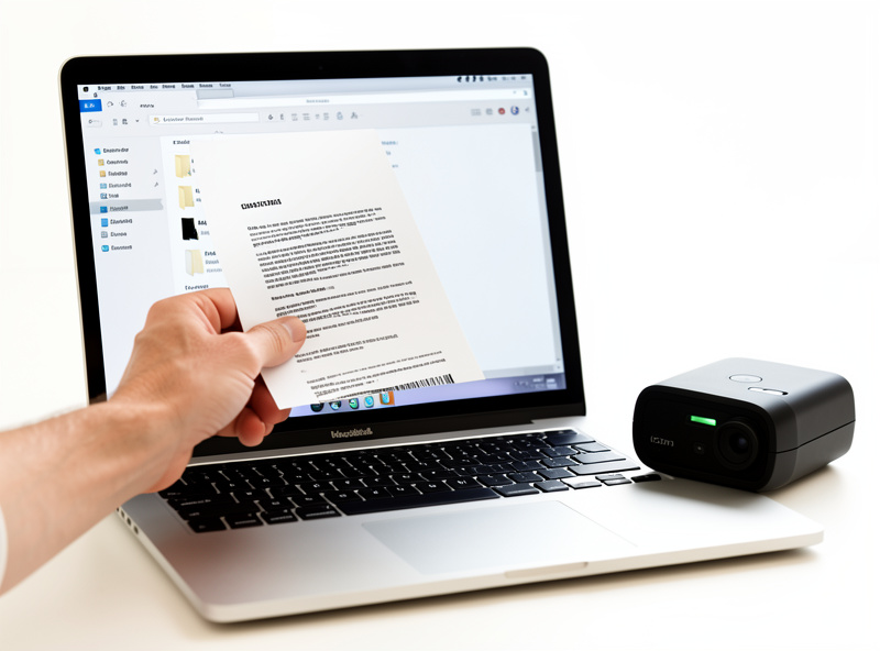 Hand placing a scanned PDF into a watched consume folder on a laptop screen beside a compact scanner