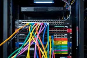 Network rack with color-coded VLAN cables routed toward a firewall appliance