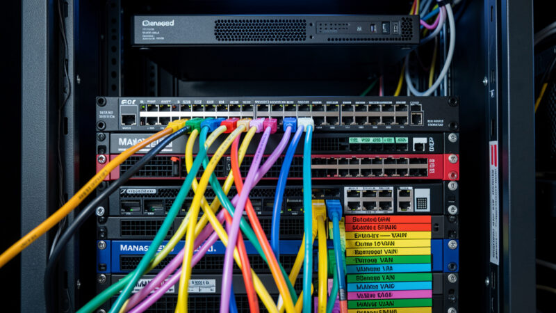 Network rack with color-coded VLAN cables routed toward a firewall appliance