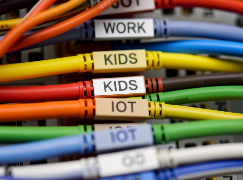 Close-up of a patch panel with color-coded cables labeled WORK, KIDS and IOT