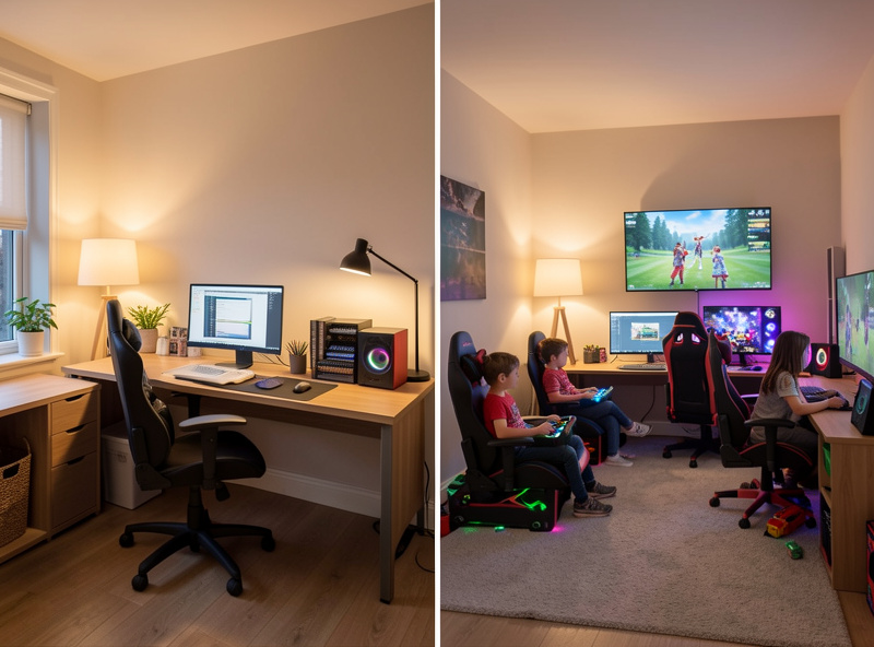A split home scene with a work-from-home office on one side and a kids gaming corner on the other