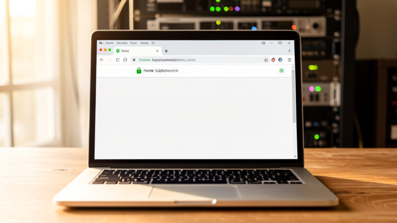 Laptop browser address bar showing a green padlock and a home subdomain with a network rack behind