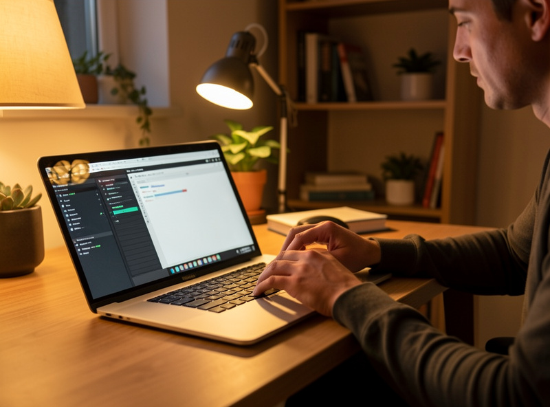Person at a home office desk configuring network settings on a laptop in warm evening light