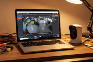 Laptop playing a live IP camera RTSP stream in VLC on a workbench next to a camera
