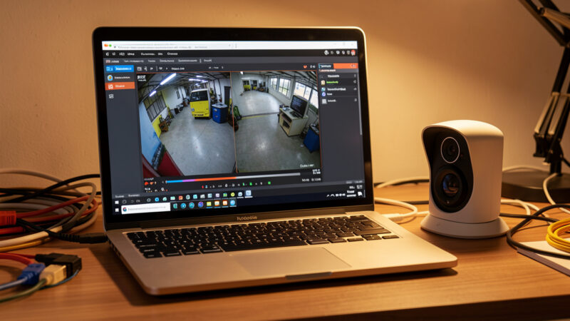 Laptop playing a live IP camera RTSP stream in VLC on a workbench next to a camera