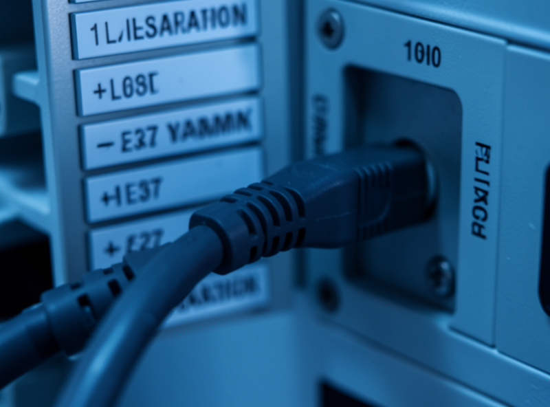 Ethernet cable plugged into an IP camera with a labeled patch panel behind it