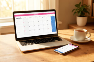 Laptop showing a calendar week view and a smartphone displaying the same calendar on a desk with tea in warm light