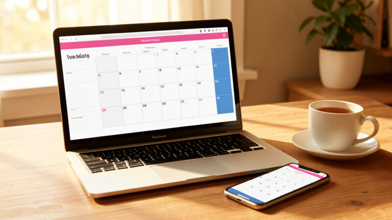Laptop showing a calendar week view and a smartphone displaying the same calendar on a desk with tea in warm light