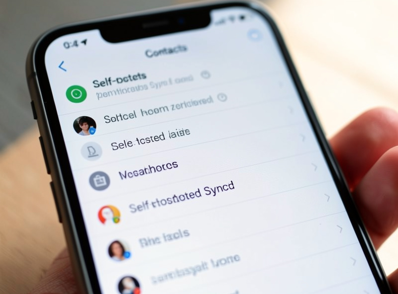 Smartphone screen showing a contacts list with a self-hosted sync indicator