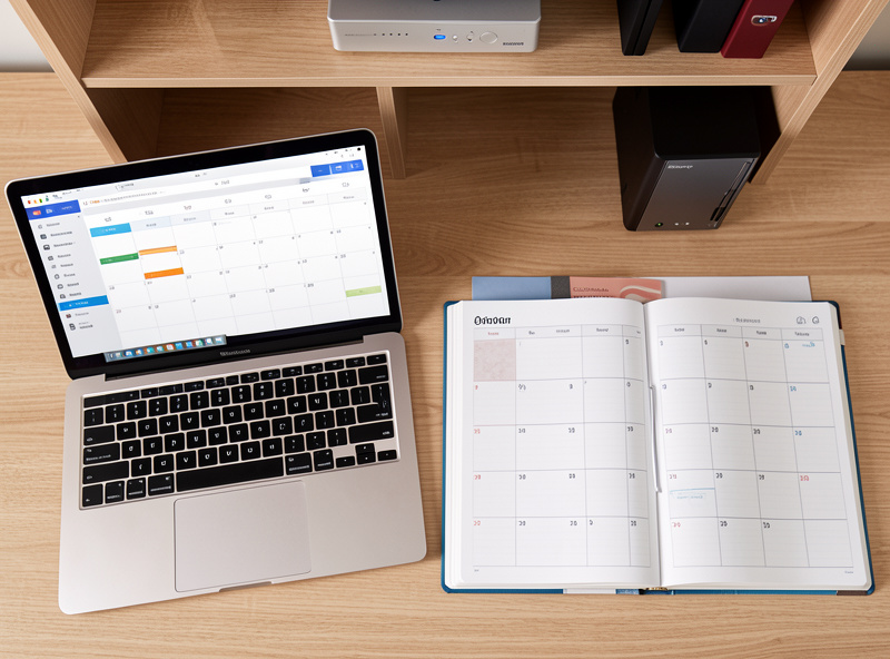 Laptop calendar app and a paper planner open side by side on a desk, with a small home server on a shelf behind
