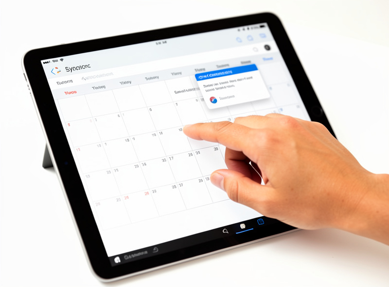 Hand tapping a calendar event on a tablet screen with a sync confirmation toast appearing