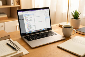 Desk with a laptop showing a markdown note-taking app with a folder tree, coffee, and a paper notebook in warm light