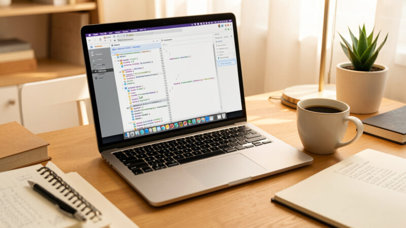 Desk with a laptop showing a markdown note-taking app with a folder tree, coffee, and a paper notebook in warm light