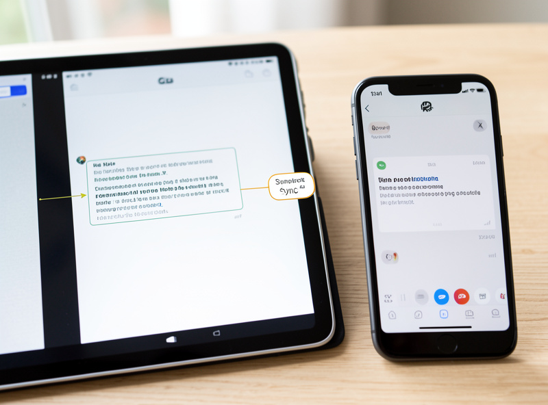 Tablet and smartphone showing the same synchronized note with a sync indicator