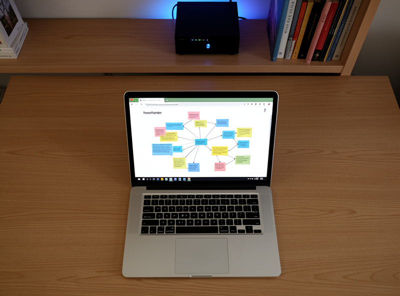 Laptop displaying a knowledge graph of linked notes with a small home server glowing on a shelf behind