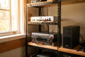 Wide shot of a tidy home server rack with a fanless firewall, managed switch, and NAS in warm natural light