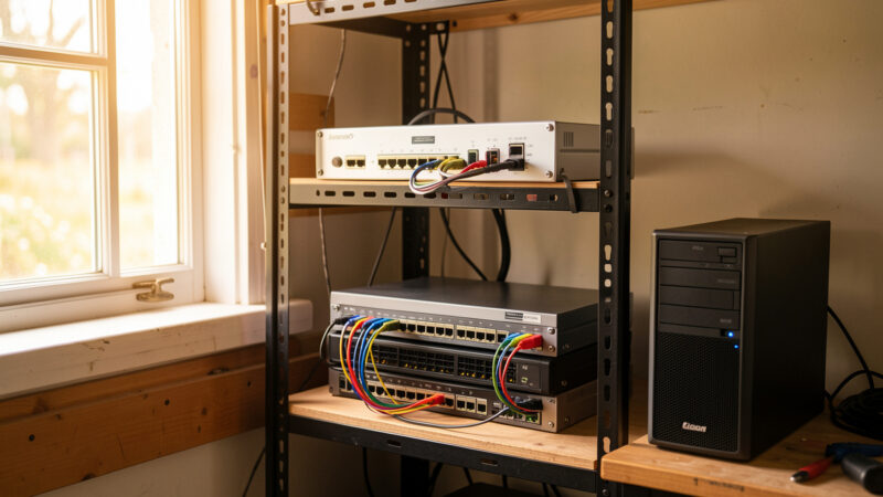 Wide shot of a tidy home server rack with a fanless firewall, managed switch, and NAS in warm natural light