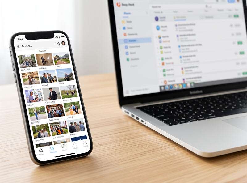 Smartphone showing a self-hosted photo gallery grid beside a laptop file-sync dashboard