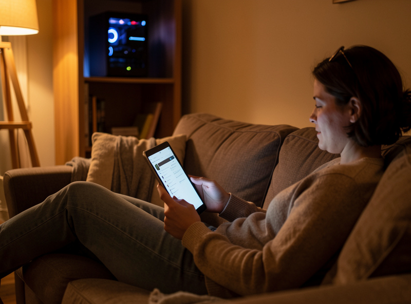 Person using a tablet on a couch while a home server glows softly on a shelf in the background