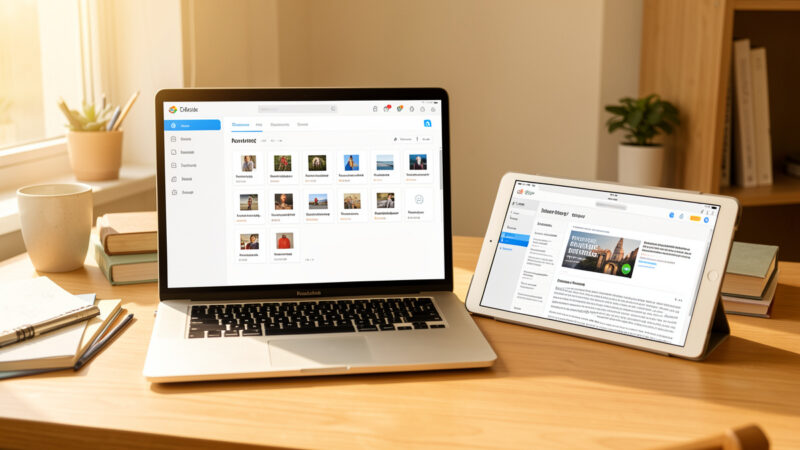 Laptop showing a clean bookmark manager interface and a tablet displaying a saved article on a desk in warm light