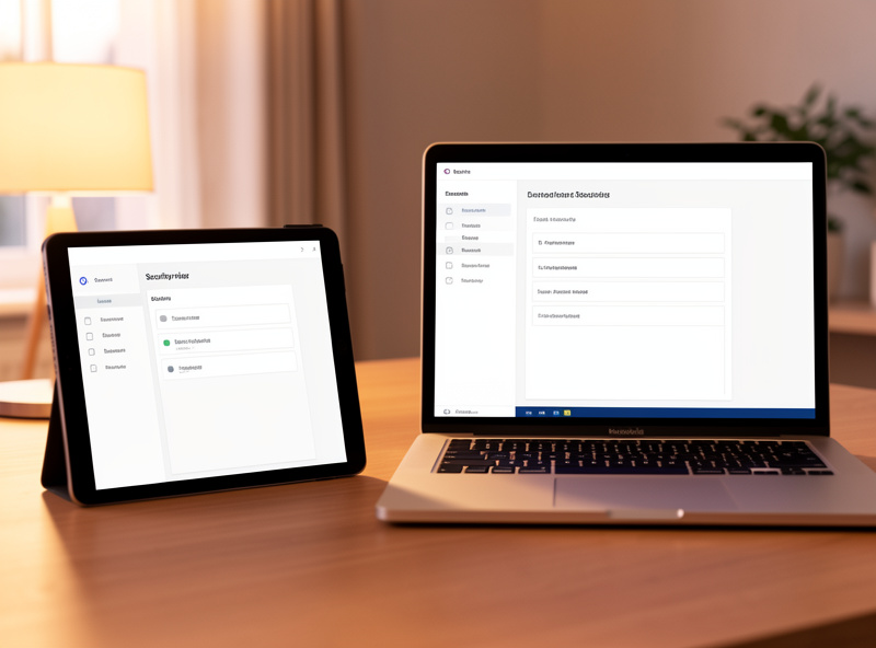 A tablet and a laptop side by side on a desk both showing security settings
