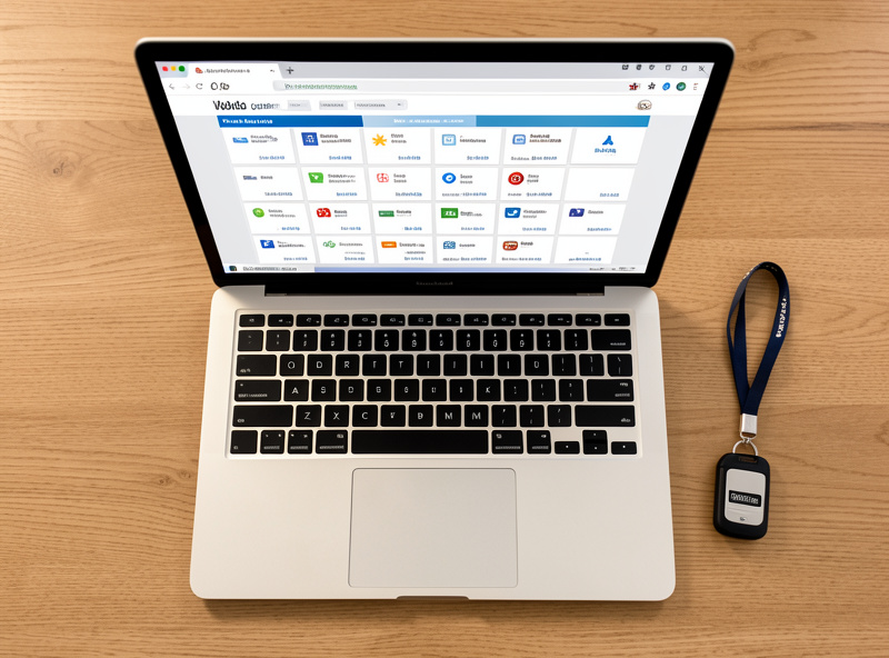Laptop displaying a grid of saved logins in a vault interface with a hardware security key on a lanyard