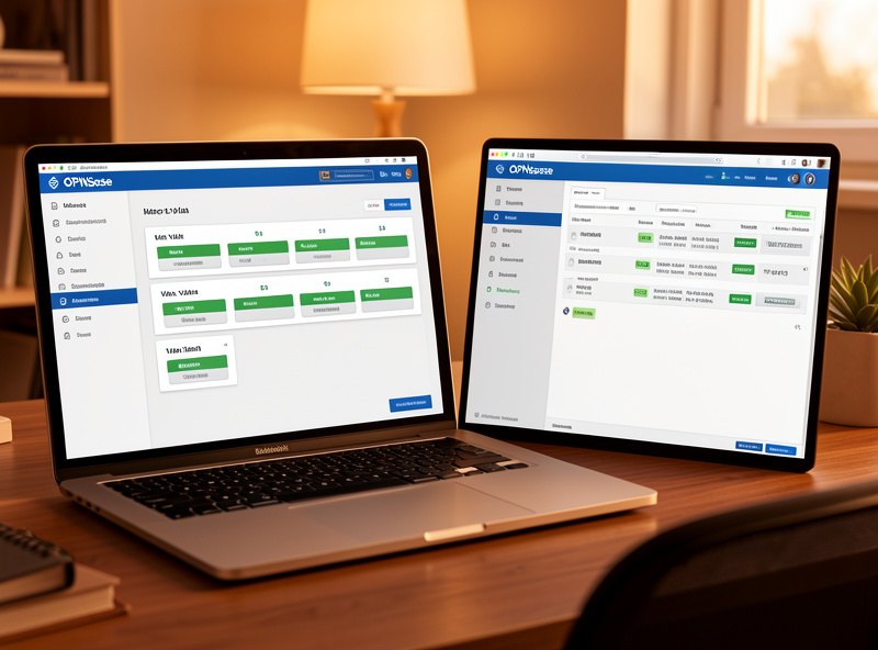 OPNsense firewall dashboard next to a managed switch web UI showing tagged 802.1Q VLAN ports