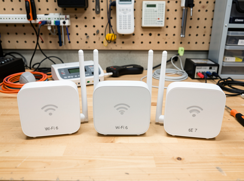 Wi-Fi 6, 6E and 7 access points lined up on a workbench for comparison