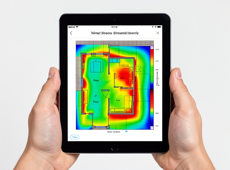 Wireless survey app on a tablet showing a signal strength heatmap of a home floor plan