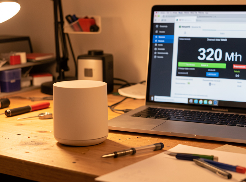 Wi-Fi 7 access point on a workbench beside a laptop showing a 320 MHz channel width setting