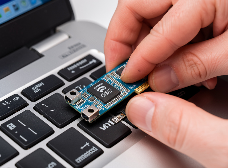 An M.2 Wi-Fi 7 network card with two antenna connectors being installed into a laptop