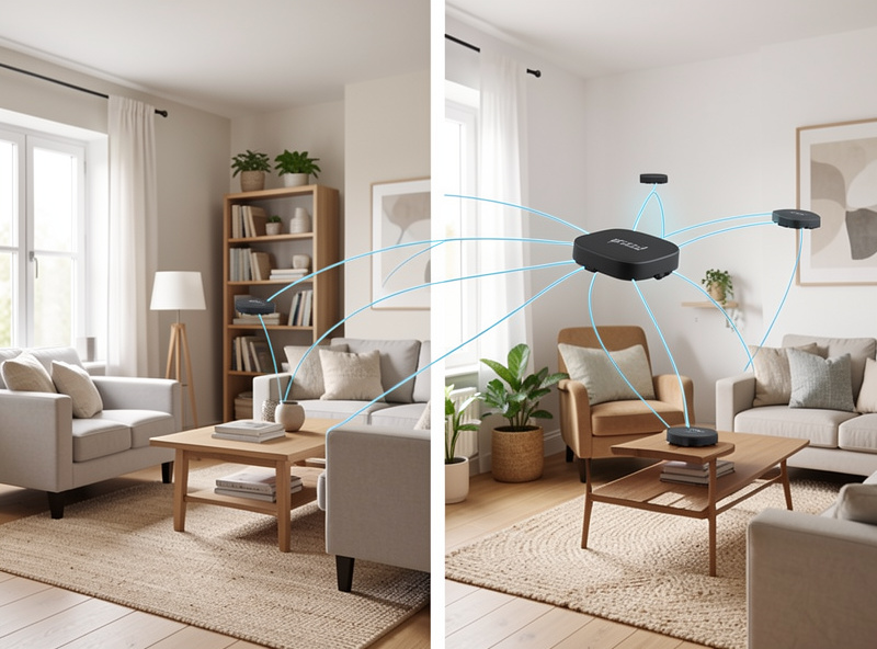 Two Wi-Fi 7 wireless mesh nodes in different rooms communicating over the air
