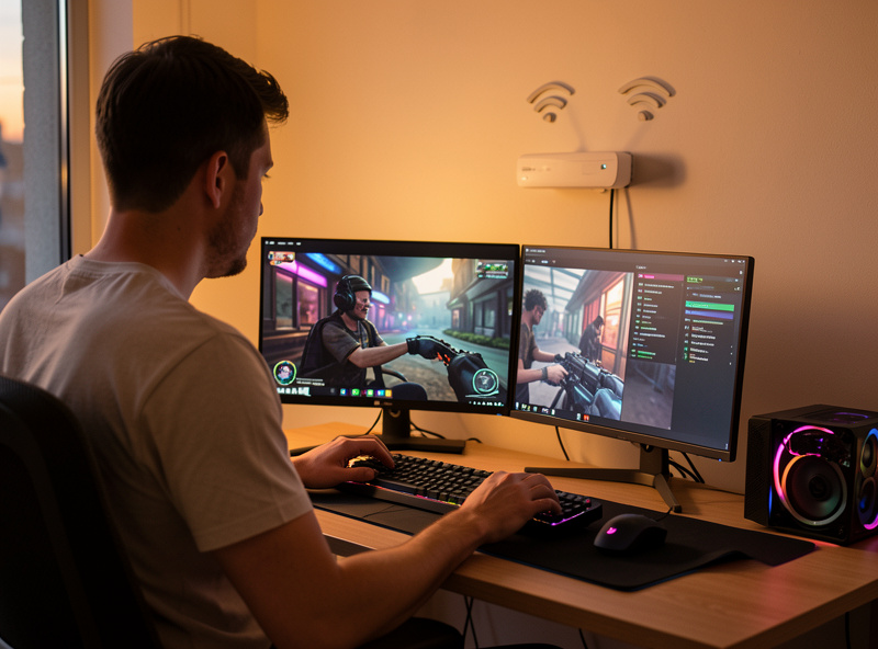Person on a low-latency video call and gaming setup with a Wi-Fi access point on the wall behind