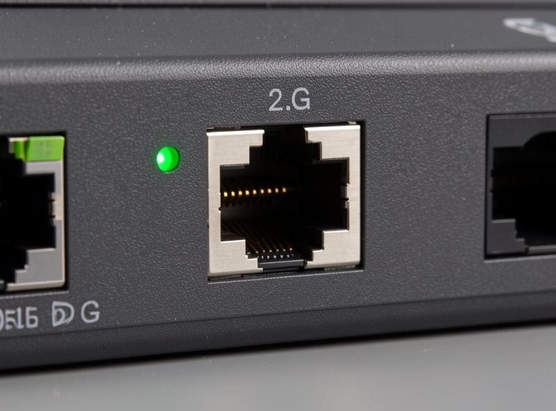 Close-up of a 2.5G ethernet port on a managed switch with the link LED lit