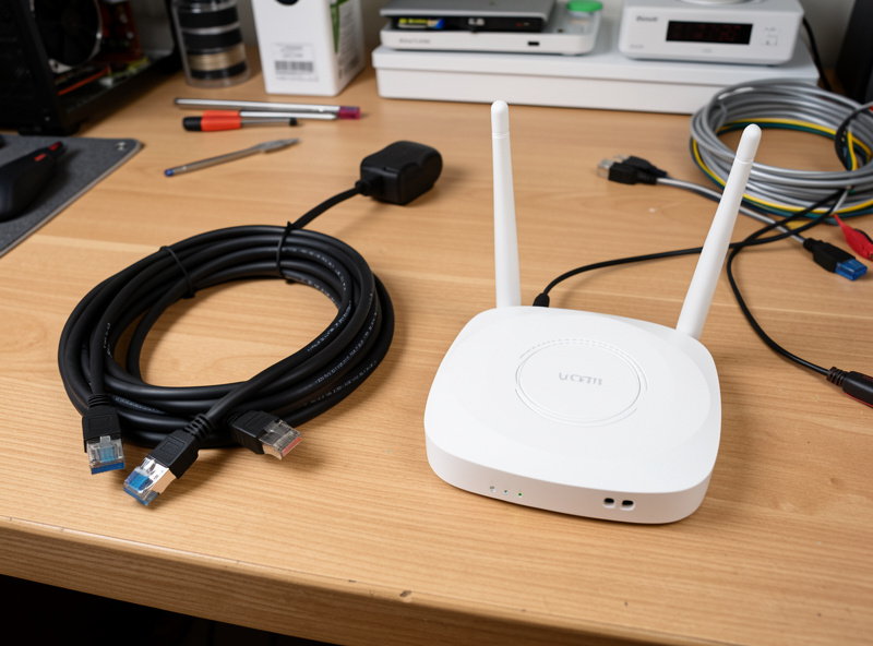 Ethernet cables and a Wi-Fi access point on a workbench, wired and wireless side by side